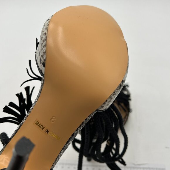 Black Sanke Print Tassels Lace Up Sandals Open Toe High Heel Fringed Shoes - Picture 5 of 6